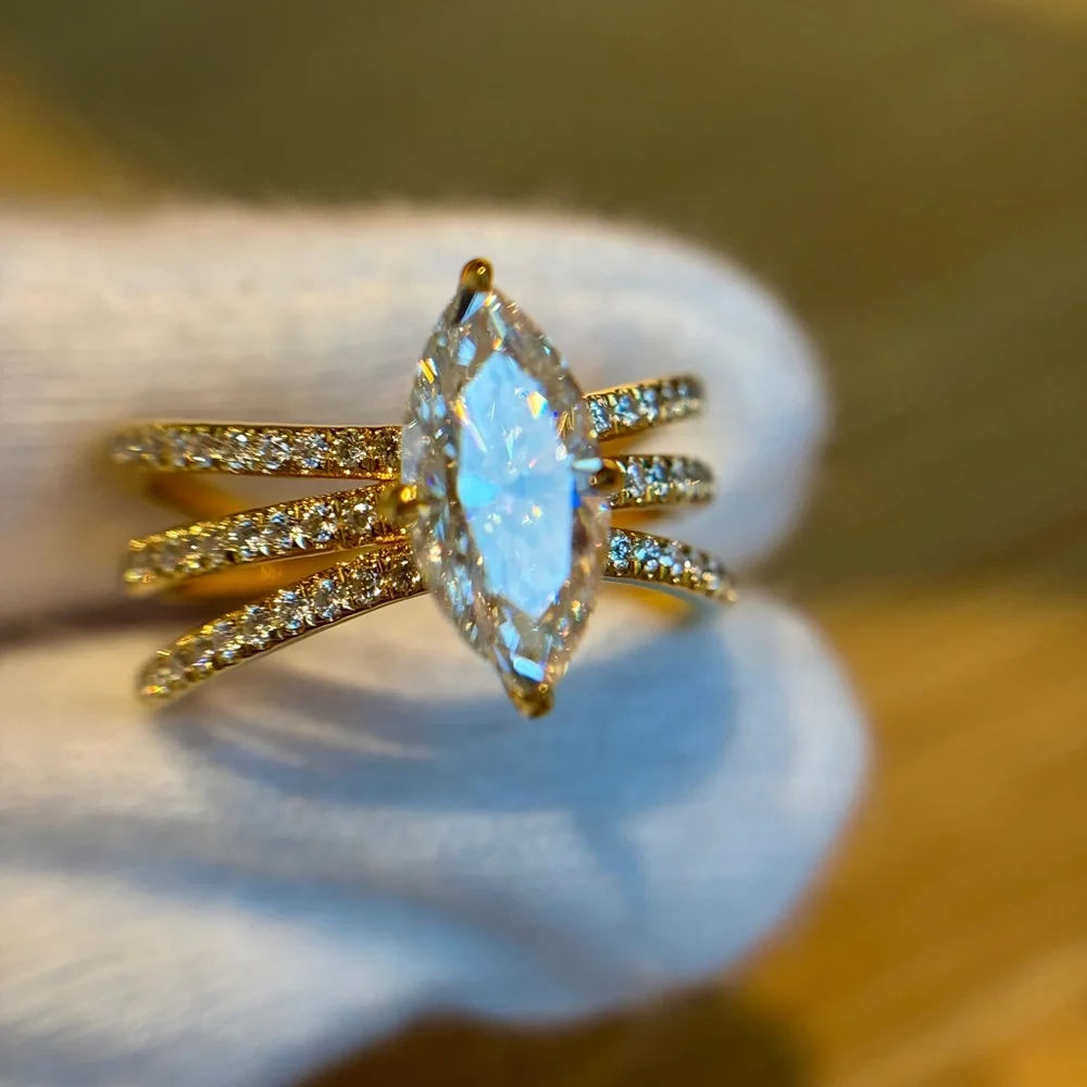 New Certified 18K Gold Plated S925 2CT Marquise Moissanite Stacked bridal Ring 7